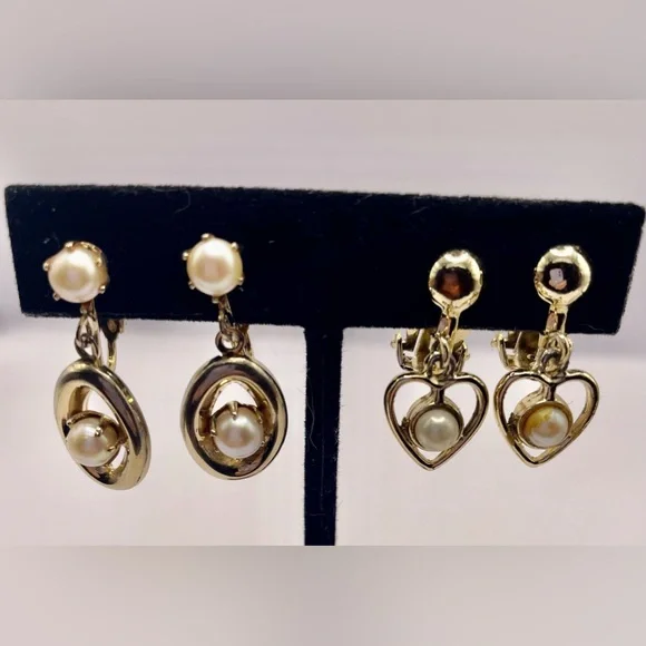 3 for $30 Two Pairs of Vintage Gold Tone Clip On Earrings with Faux Pearls - Picture 1 of 5